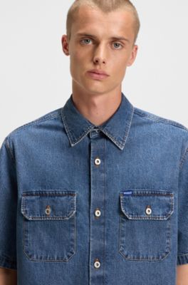 Oversized-fit shirt in blue denim with contrast stitching, Dark Blue