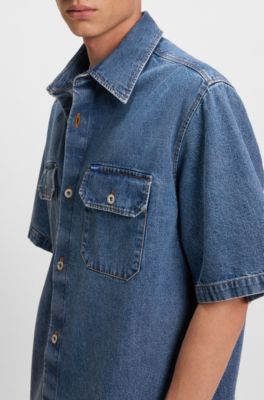 Oversize fit-skjorta i bl&aring; denim med kontrasts&ouml;mmar, M&ouml;rkbl&aring;