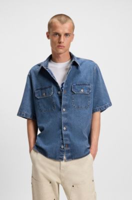 Oversize fit-skjorta i bl&aring; denim med kontrasts&ouml;mmar, M&ouml;rkbl&aring;