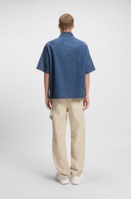 Oversize fit-skjorta i bl&aring; denim med kontrasts&ouml;mmar, M&ouml;rkbl&aring;