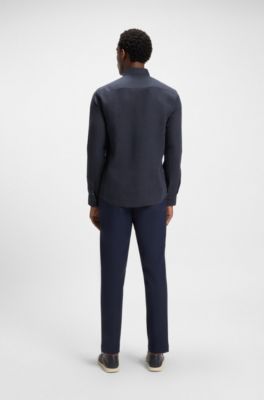 Slim fit-skjorta i linne, M&ouml;rkbl&aring;