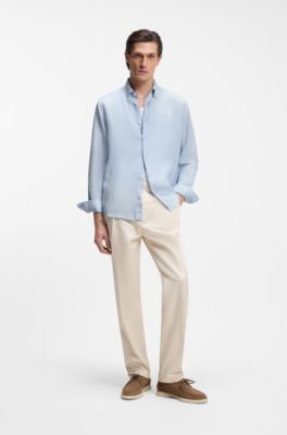 Camicia slim fit in lino, Celeste