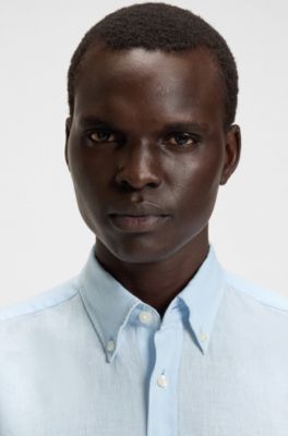 Slim fit-skjorta i linne, Ljusbl&aring;