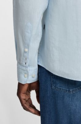 Slim fit-skjorta i linne, Ljusbl&aring;