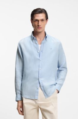 Camicia slim fit in lino, Celeste