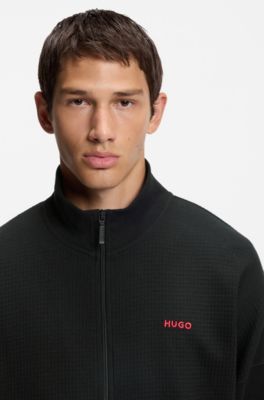 Cotton-blend zip-up jacket with waffle structure, Black