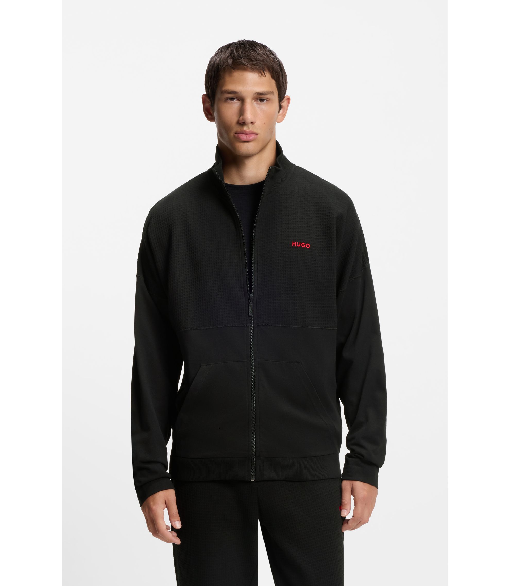 HUGO - Cotton-blend zip-up jacket with waffle structure - Black
