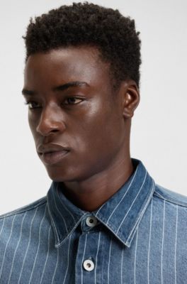 Camisa oversize fit en denim azul a rayas, Rayas blancas