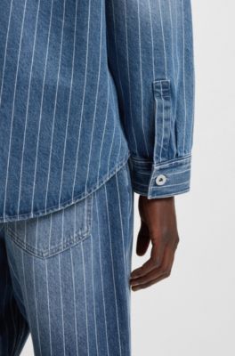 Oversized-fit shirt in blue striped denim, White stripes