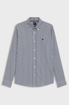 Slim-fit shirt in a striped cotton blend, Blue stripes