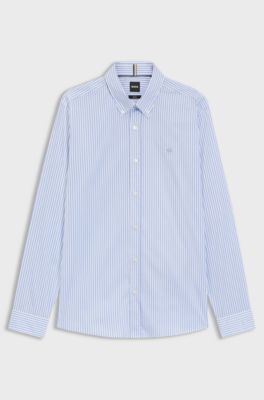 Slim-fit shirt in a striped cotton blend, Blue Patterned