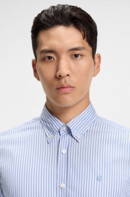 Slim-fit shirt in a striped cotton blend, Blue Patterned