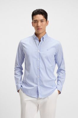 Slim-fit overhemd van een gestreepte katoenmix, Blauw met dessin