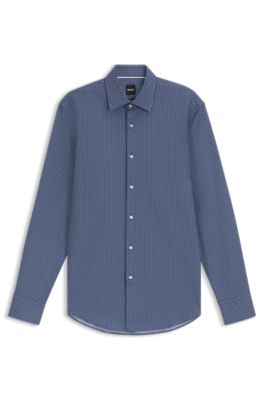Slim-fit shirt in printed cotton twill, Blue Patterned