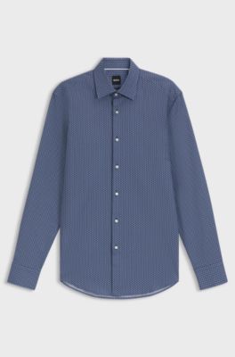 Slim-fit shirt in printed cotton twill, Blue Patterned