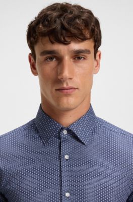 Slim-fit shirt in printed cotton twill, Blue Patterned