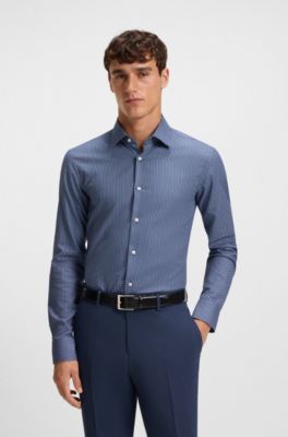 Slim-fit shirt in printed cotton twill, Blue Patterned