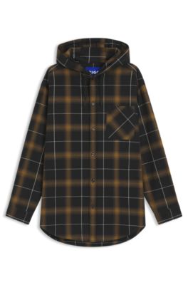 Hooded oversized-fit overshirt in checked cotton, Green Patterned