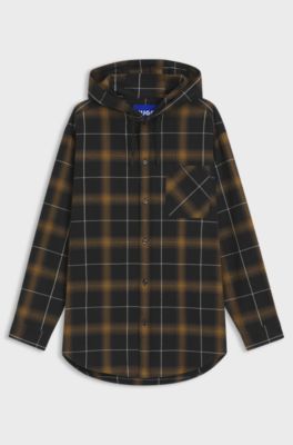 Hooded oversized-fit overshirt in checked cotton, Green Patterned