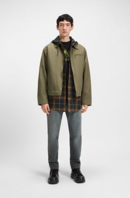 Hooded oversized-fit overshirt in checked cotton, Green Patterned