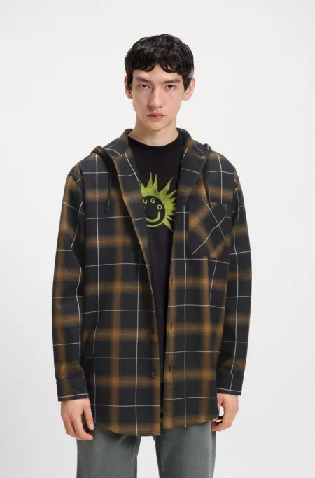 Hooded oversized-fit overshirt in checked cotton