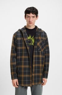 Hooded oversized-fit overshirt in checked cotton, Green Patterned