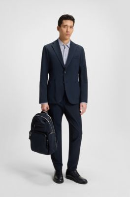 Slim-fit shirt in printed performance-stretch jersey, Dark Blue