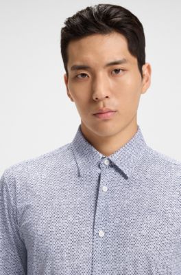 Slim-fit shirt in printed performance-stretch jersey, Dark Blue