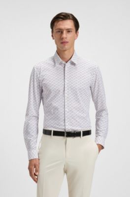 Slim-fit shirt in printed performance-stretch jersey, White Patterned