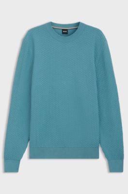 Cotton sweater with knitted structure, Blue