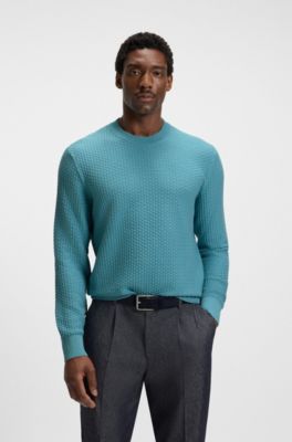 Cotton sweater with knitted structure, Blue