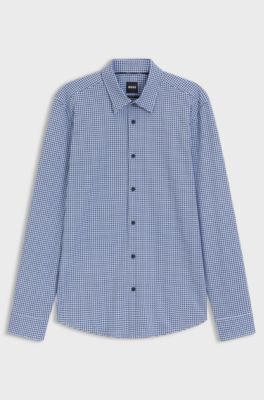 Slim-fit shirt in a printed cotton blend, Blue Patterned
