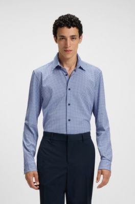 Slim-fit shirt in a printed cotton blend, Blue Patterned