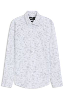 Slim-fit shirt in printed performance-stretch jersey, Blue Patterned