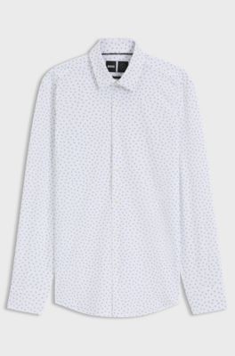 Slim-fit shirt in printed performance-stretch jersey, Blue Patterned