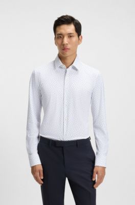 Slim-fit shirt in printed performance-stretch jersey, Blue Patterned