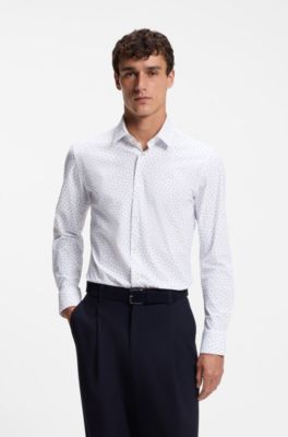 Slim-fit shirt in printed performance-stretch jersey, Blue Patterned