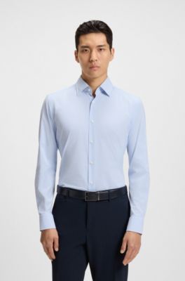Slim-fit shirt in striped performance-stretch fabric, Light Blue