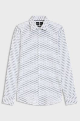 Slim-fit shirt in Italian-made performance-stretch fabric, White Patterned
