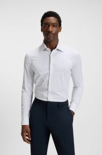 Slim-fit shirt in Italian-made performance-stretch fabric, White Patterned