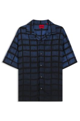 Oversized-fit shirt in square-print poplin, Blue Patterned