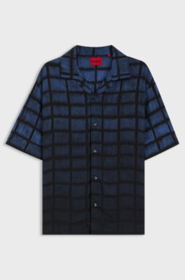 Oversized-fit shirt in square-print poplin, Blue Patterned