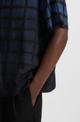 Oversized-fit shirt in square-print poplin, Blue Patterned
