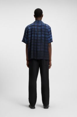 Camisa oversize fit en popel&iacute;n con estampado de cuadrados, Azul estampado