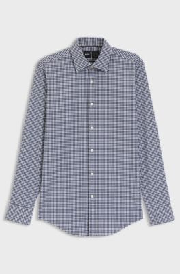 Slim-fit shirt in checked performance-stretch poplin, Blue Patterned