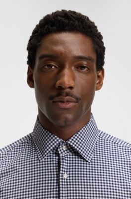 Slim-fit shirt in checked performance-stretch poplin, Blue Patterned