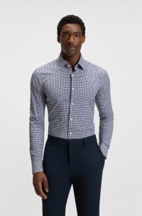 Slim-fit shirt in checked performance-stretch poplin, Blue Patterned