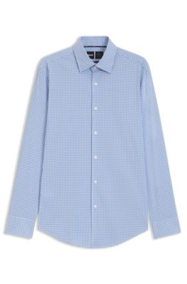 Slim-fit shirt in checked performance-stretch poplin, Blue Patterned
