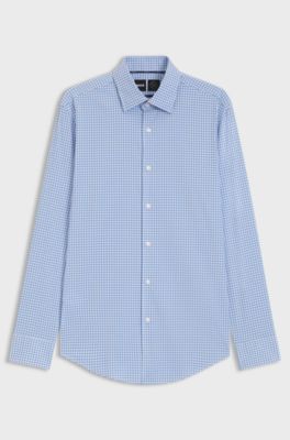Slim-fit shirt in checked performance-stretch poplin, Blue Patterned