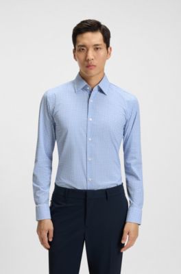 Slim-fit shirt in checked performance-stretch poplin, Blue Patterned